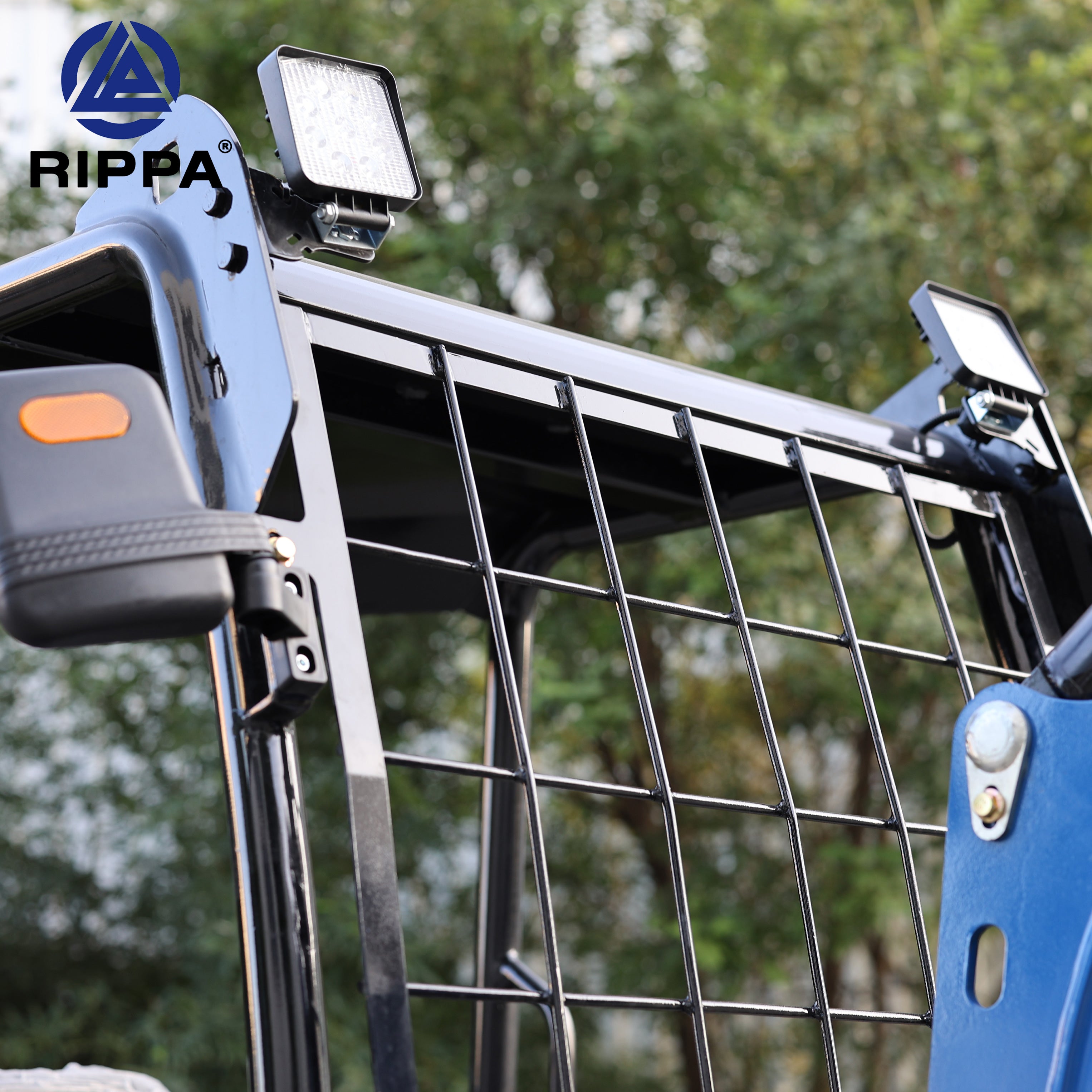 Close-up of Labadi Engineering Mini Excavator with safety frame and lights for enhanced visibility