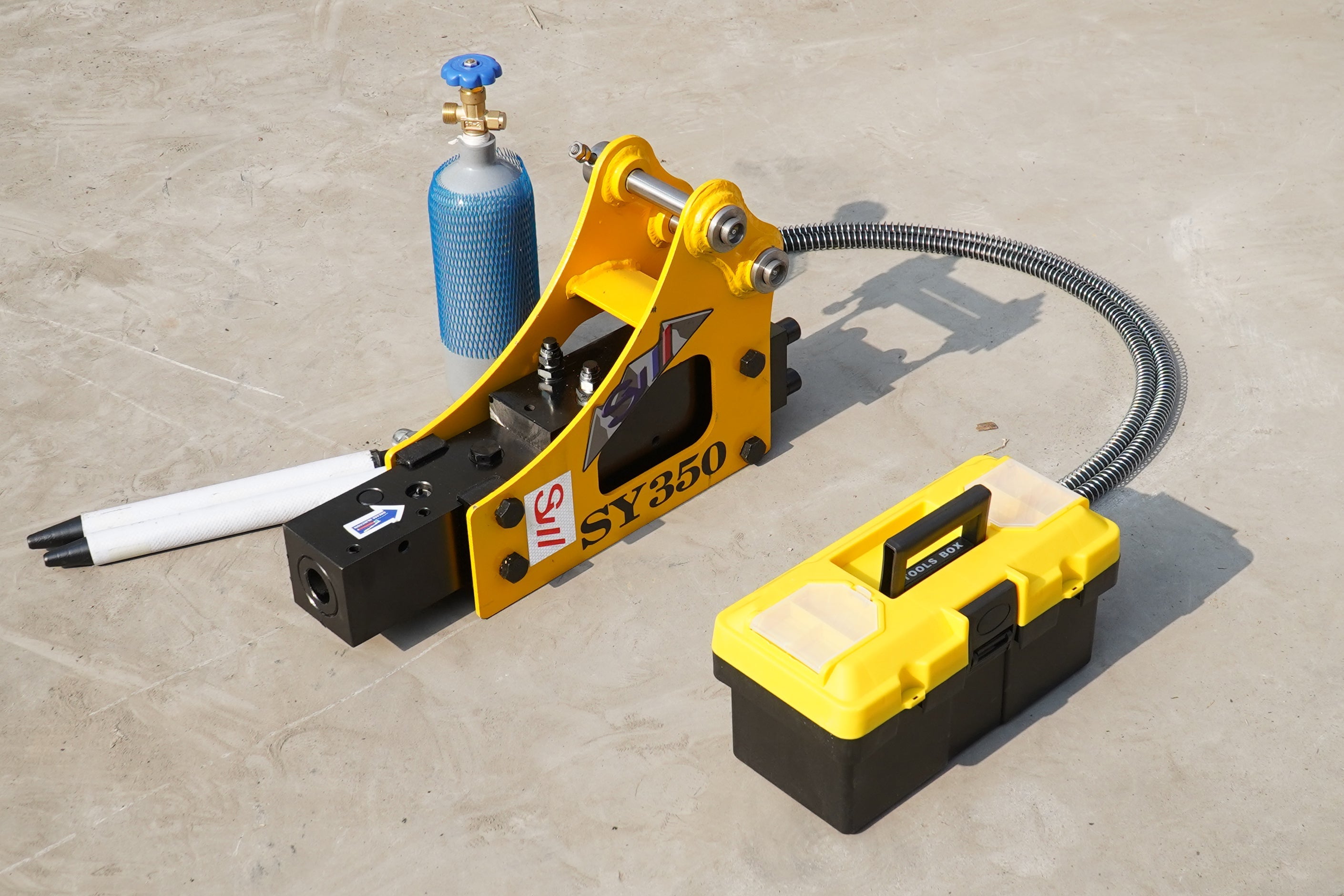 Rippa Australia SY350 Breaker Excavator Attachment with tools and gas cylinder for efficient demolition